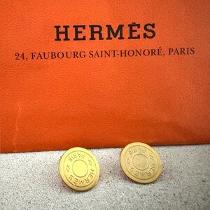 HERMES Sellier Clip Earrings Gold Tone Vintage Paris